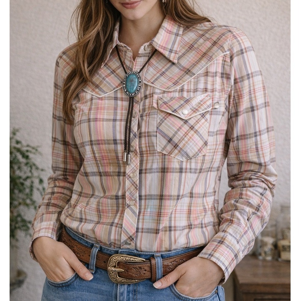 Vintage Land n Sea Western Plaid Snap Button Shirt Pink Tan Fortrel USA Size 36
